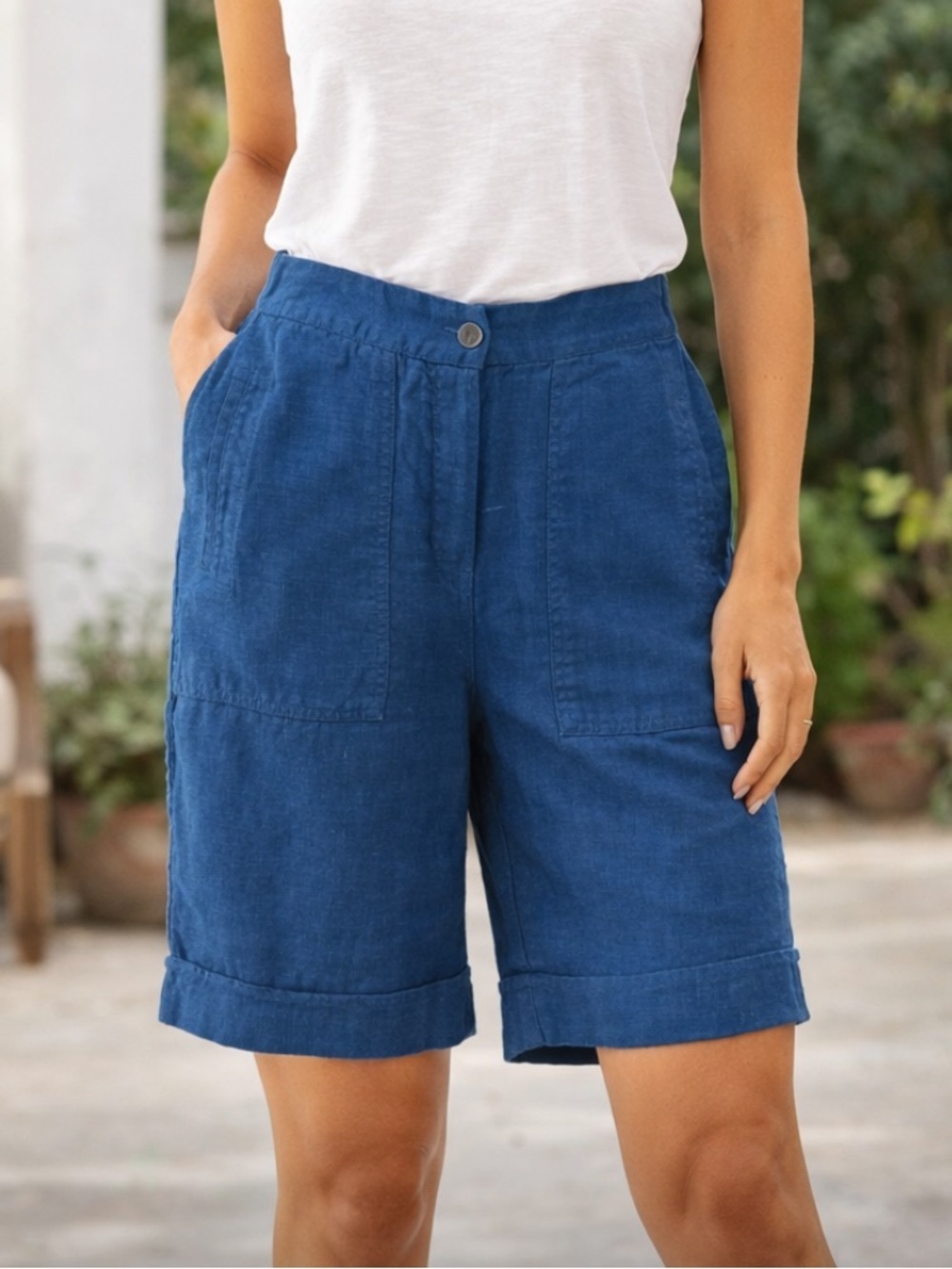 Poetry Blue High-Rise Cuffed Linen-Blend Bermuda Shorts
